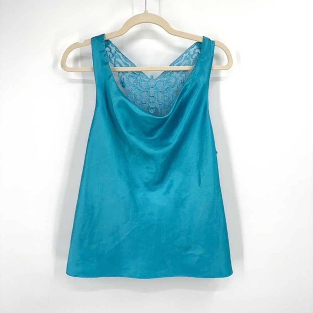 Y2K Vintage Butterfly Tank Top Womens XL‎ Teal Blue Fairy Going Out Satin Party